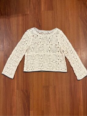 Ultra Pink Crochet Top Womens M Ivory Long Sleeve Boho Festival Cottagecore